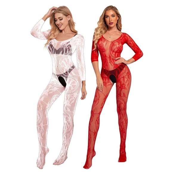 NEW Women's Long Sleeve Body Stocking pair of two red and white OS - Picture 1 of 4